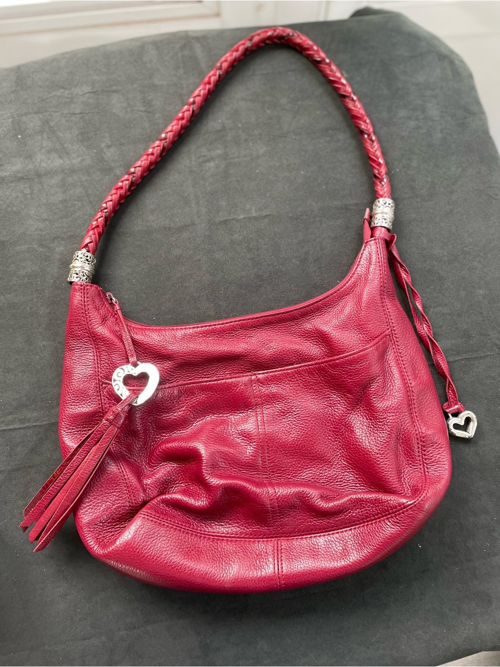 Brighton Braided Strap Red Leather Shoulder Bag with Heart Charm